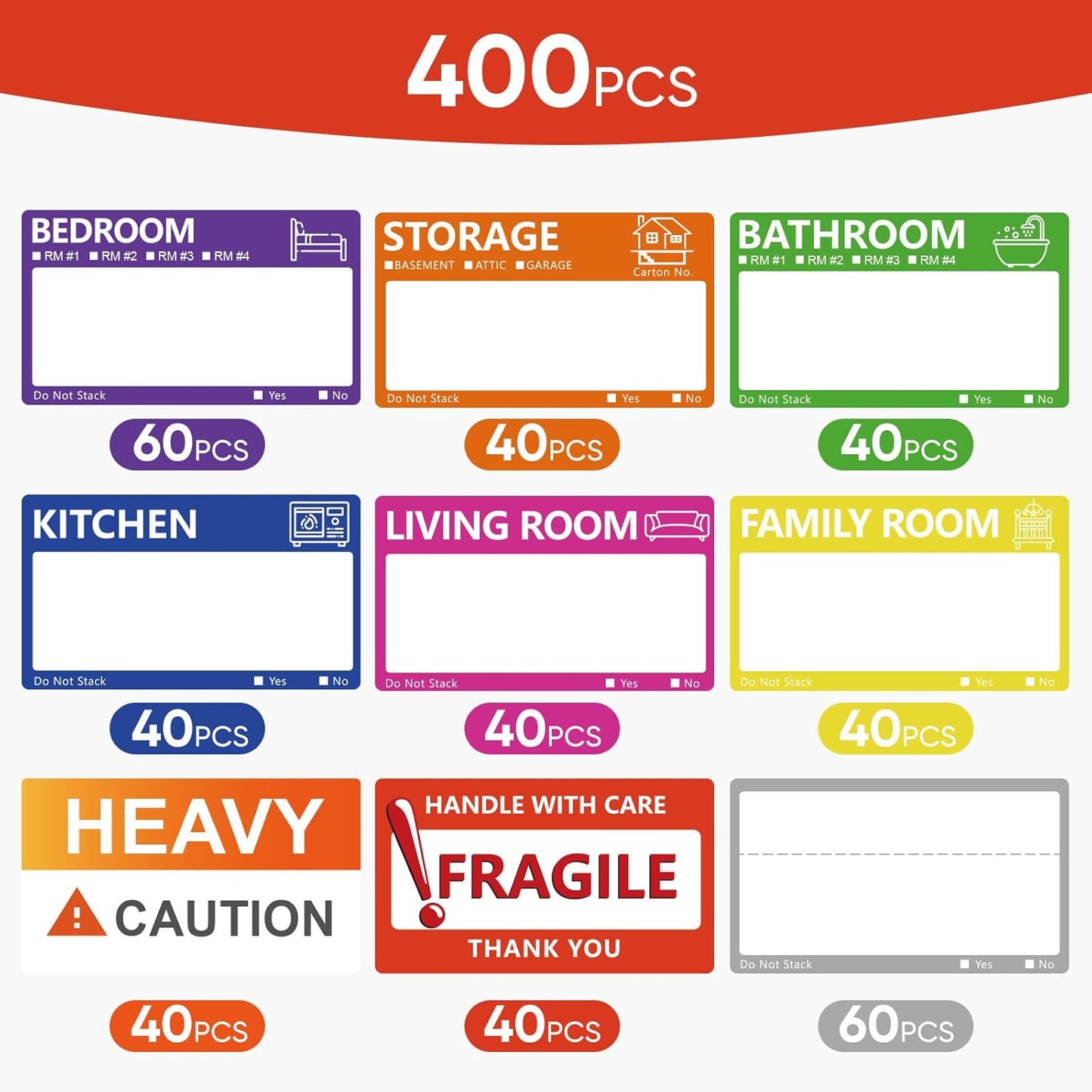 Skiennix Large Moving Labels - 400 PCS Color-Coded Stickers for Packing Boxes | Writable Notes Areas