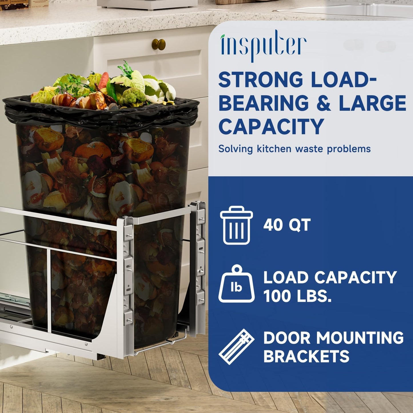 Pull Out Trash Can Under Cabinet with Push to Open Slides, Insputer Heavy Duty Under Sink Garbage Can Kit for Kitchen, Laundry, Not Included Bin, Requires 15" W X 18" D Cabinet, has Installation video