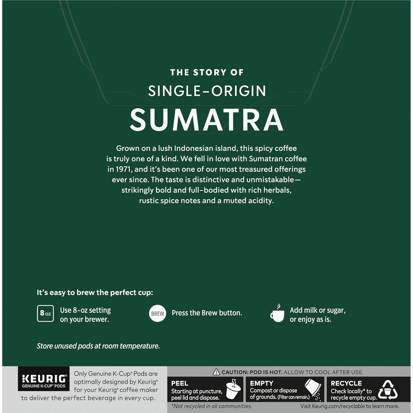 Starbucks K-Cup Pods - Sumatra Dark Roast Single-Origin Coffee - 32 Count (Pack of 4)