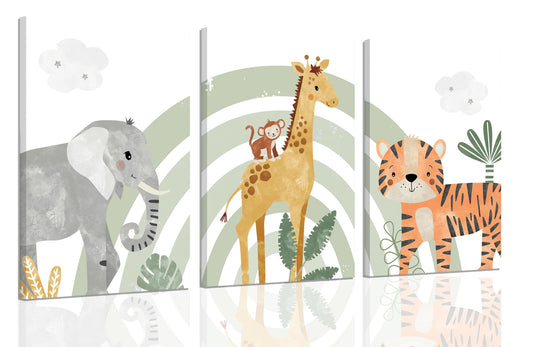 3Pcs Framed Safari Animals Canvas Wall Art elephant tiger giraffe Posters Prints Bohemian Rainbow elements Paintings Pictures wall decor for Nursery Baby Bedroom Decorations
