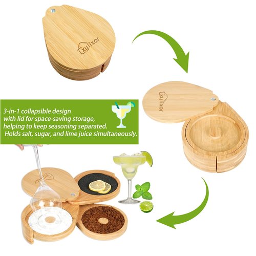 Exylixor Margarita Salt Rimmer Set, 3-Tiers Salt Rimmer for Cocktails, Bamboo Glass Rimmers for Drinks with Lemon Drop Sponges, Bar Salt and Sugar Rimmer for Bartender, Bar Tools & Supplies