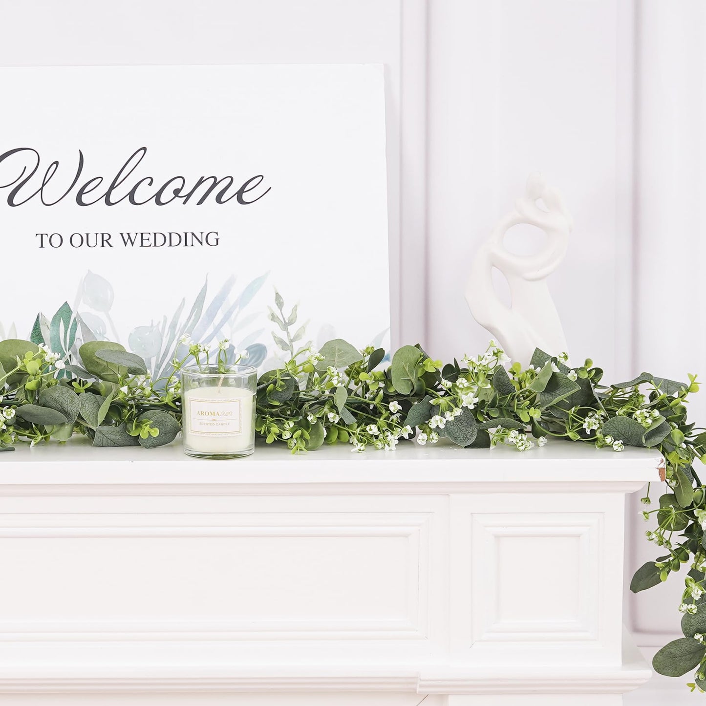 BonBloom's 8 Packs Artificial Eucalyptus Garland with White Flowers 5.9Ft Faux Greenery Garland Vines Spring Garlands for Bedroom Centerpieces Table Wedding Backdrop Arch Mantle Room Decor