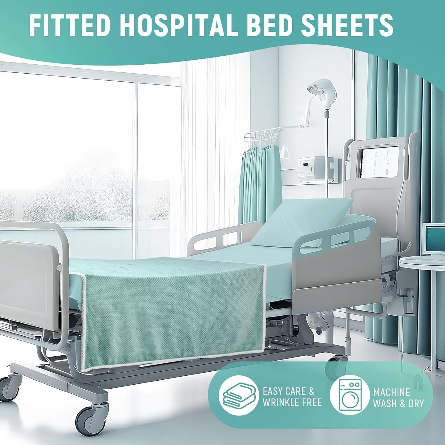 SmoothNovelty Hospital Bed Sheets Set - Soft Knitted Quality | Includes Fitted Coverlet, Quilt Cover, Pillow Case & Blanket (Blue Green)