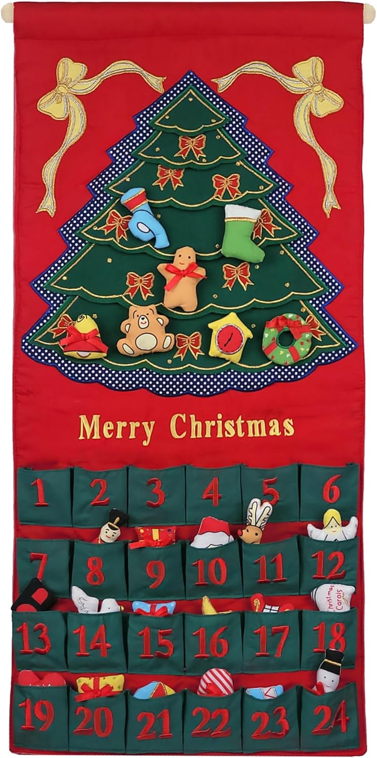 Pockets of Learning Merry Christmas Green Tree Advent Calendar - Festive Fabric Wall Hanging with 24 Stuffed Ornaments