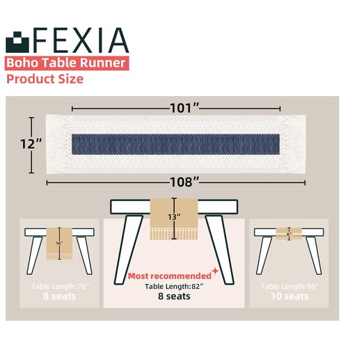 FEXIA Boho Table Runner 108 Inches Long for Home Decor Farmhouse Table Runner Cream & Blue Rustic Macrame with Tassels for Bohemian Dining Bedroom Decor Bridal Shower (12x108 Inches)