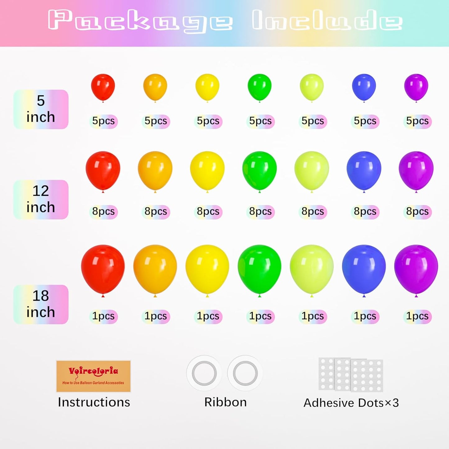 Voircoloria Rainbow Balloon Garland Kit - 98-Pack in Various Sizes for Graduation, Weddings & Parties