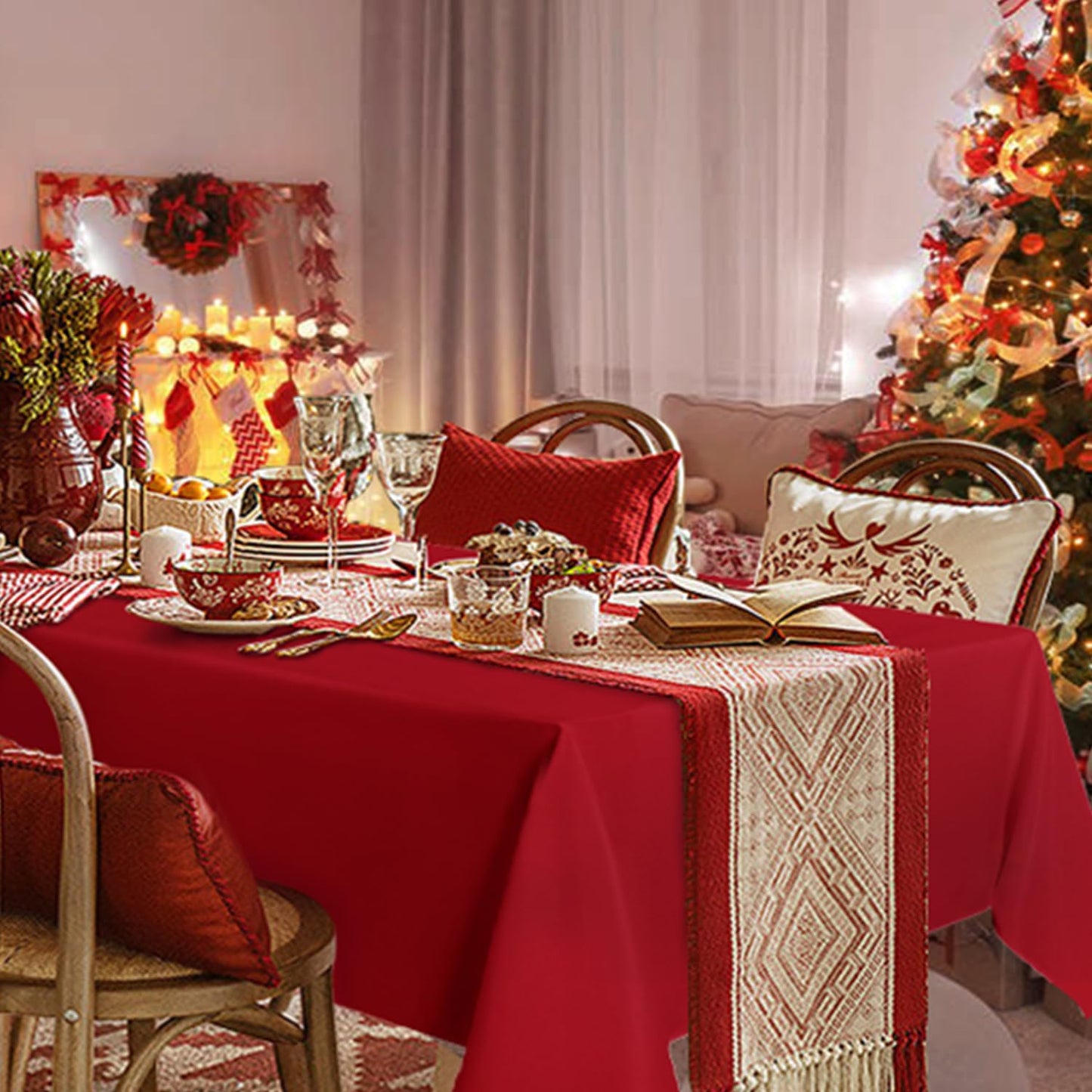 sancua Square Tablecloth - 70 x 70 Inch - Water Resistant Spill Proof Washable Polyester Table Cloth, Decorative Fabric Table Cover for Dining Tables, Buffet Parties, Christmas Red