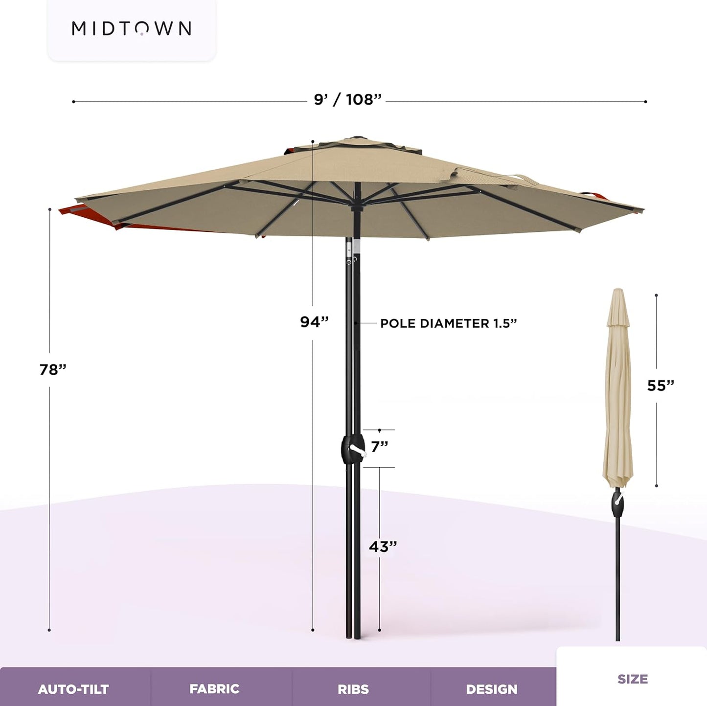 Midtown Umbrellas 9 Ft Patio Umbrella - 10-Year No-Fade Terylast Fabric, Auto-Tilt Frame | Chestnut Beige Canopy, Black Pole