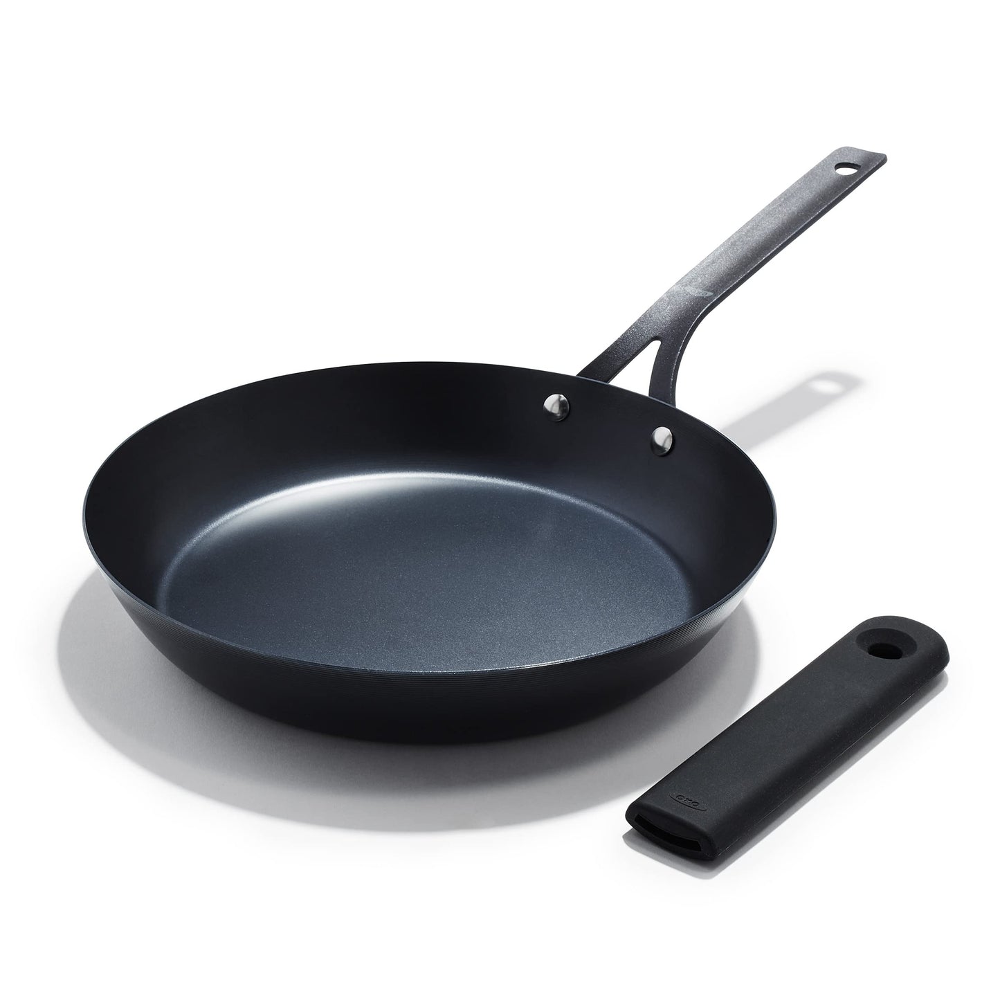 OXO Obsidian 12" Carbon Steel Frying Pan, Pre-Seasoned Skillet, Builds Natural Nonstick with Use, Induction Ready, Oven Safe, Removable Silicone Handle
