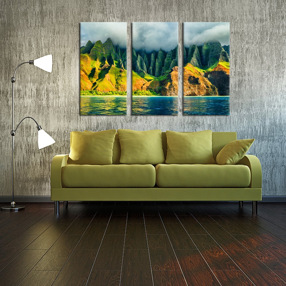 iKNOW FOTO Large 3 Panel Canvas Wall Art Na Pali coast Kauai Hawaii Sea Sunset Cruise Tour Pictures Prints Nature Coastline Landscape Travel Photography Framed Artwork for Home Decor 16x32inchx3pcs