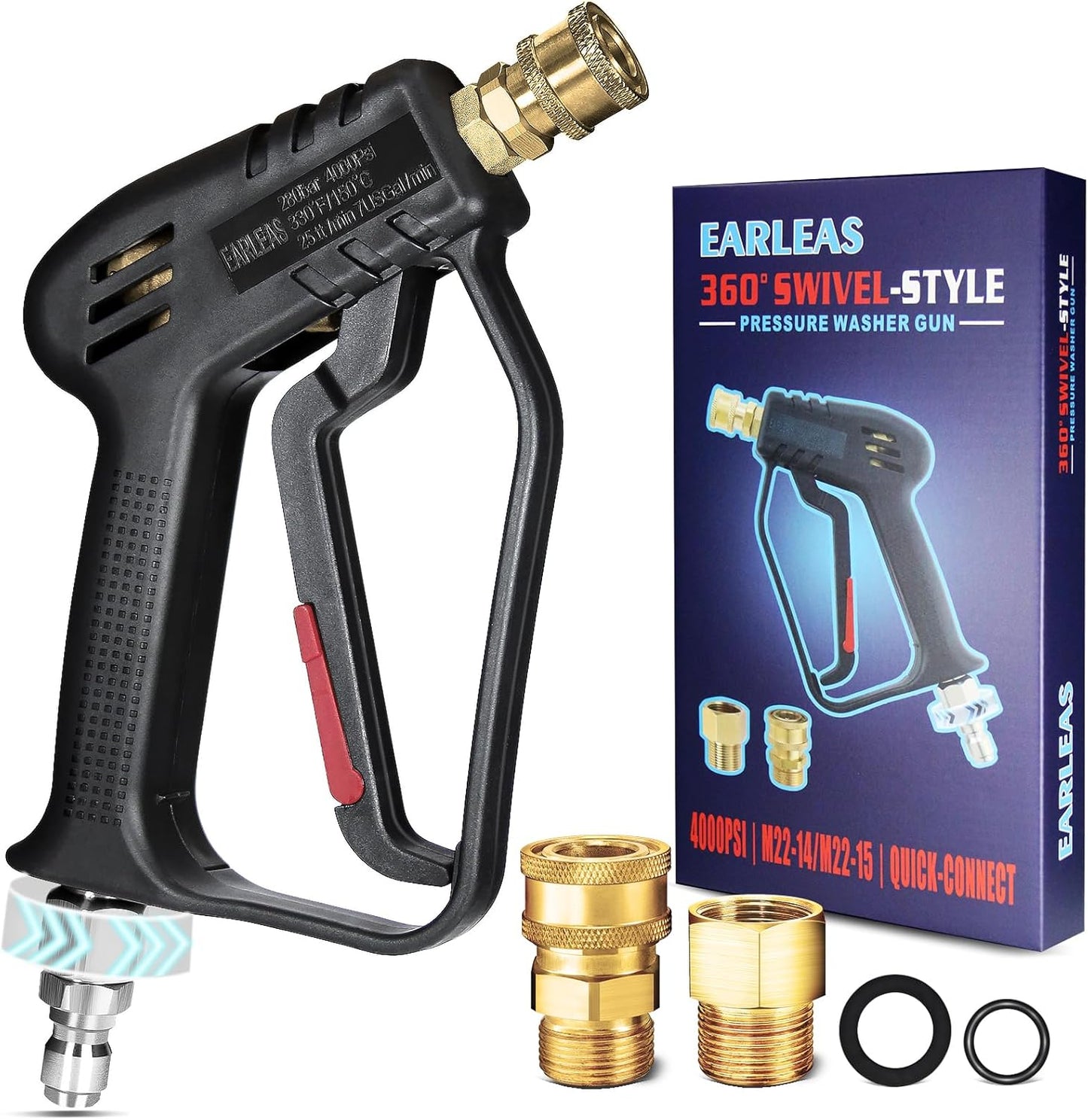 Short Pressure Washer Gun - 4000 PSI Power Washer with Swivel & Quick Connect for Car Wash | M22 14mm/15mm