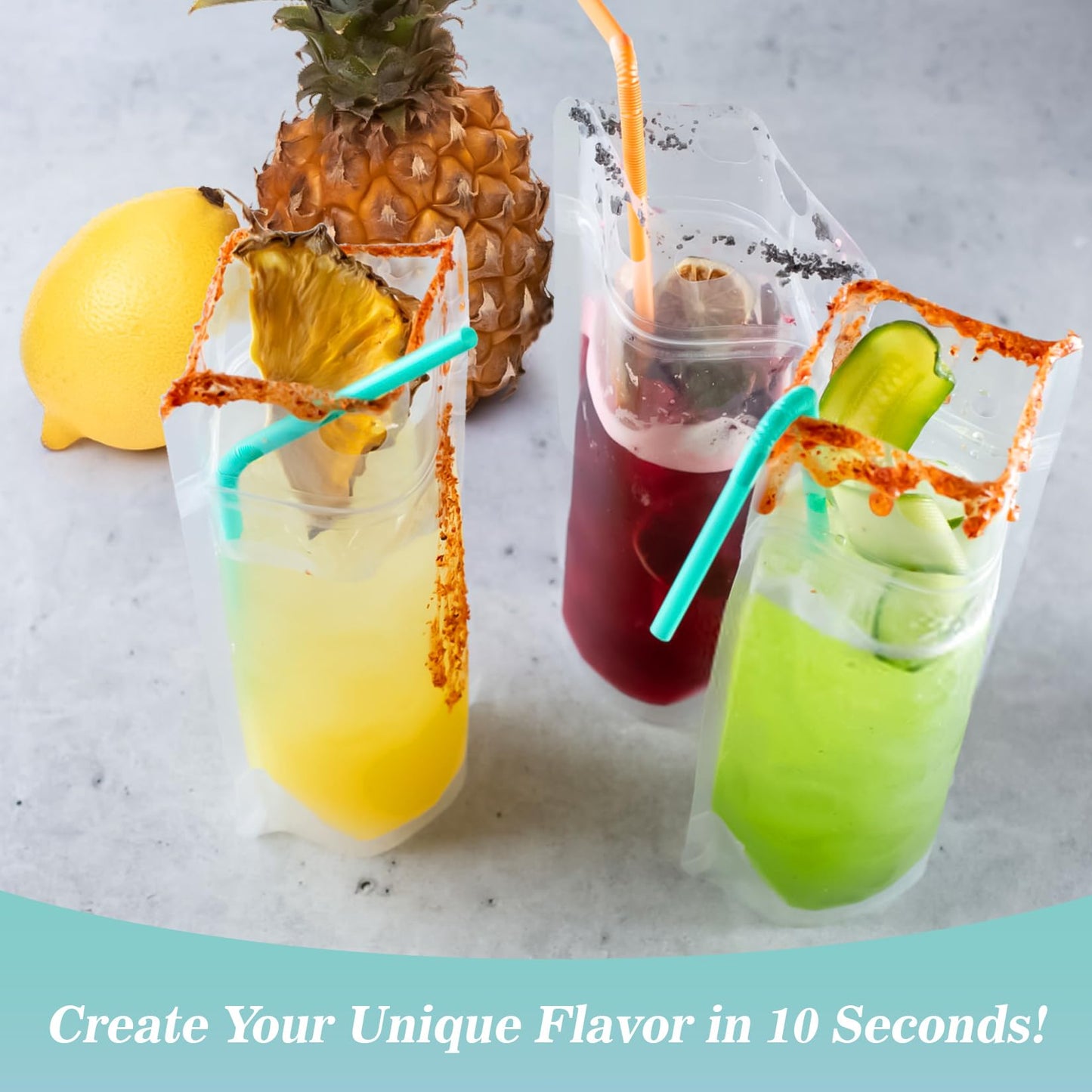 44 Drink Pouches with Straws Individually-Wrapped - 17oz Juice Drink Pouches Adults Alcohol Clear Plastic Halloween Blood Bag Reusable Cocktail Liquor Liquid Smoothie Party Hot Weather Cooling