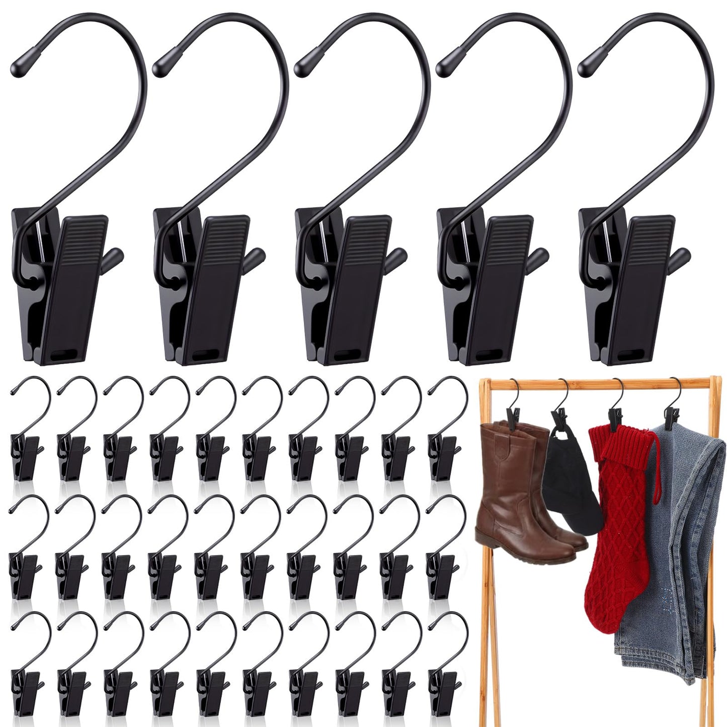Otoolling 50 Pcs Boot Hangers for Closet Boot Hooks Pants Hangers with Clips Heavy Duty Black Clothes Clips for Legging Socks Towels Hats