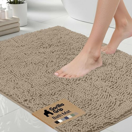 GORILLA GRIP Bath Rug Mat - Thick Absorbent Chenille | Quick-Dry Microfiber, 54x24, Gray Beige