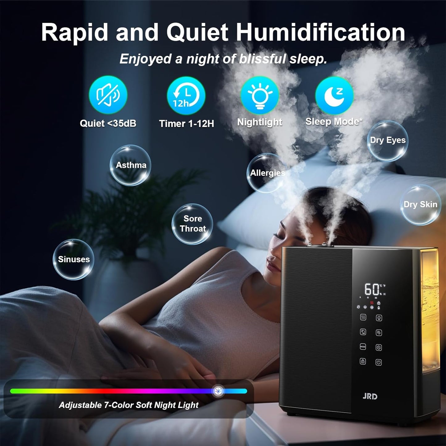 JRD Ultrasonic Humidifier - 5L Warm & Cool Mist for Fast Relief | 50H Runtime, 7 Color Light, Quiet Operation - Black