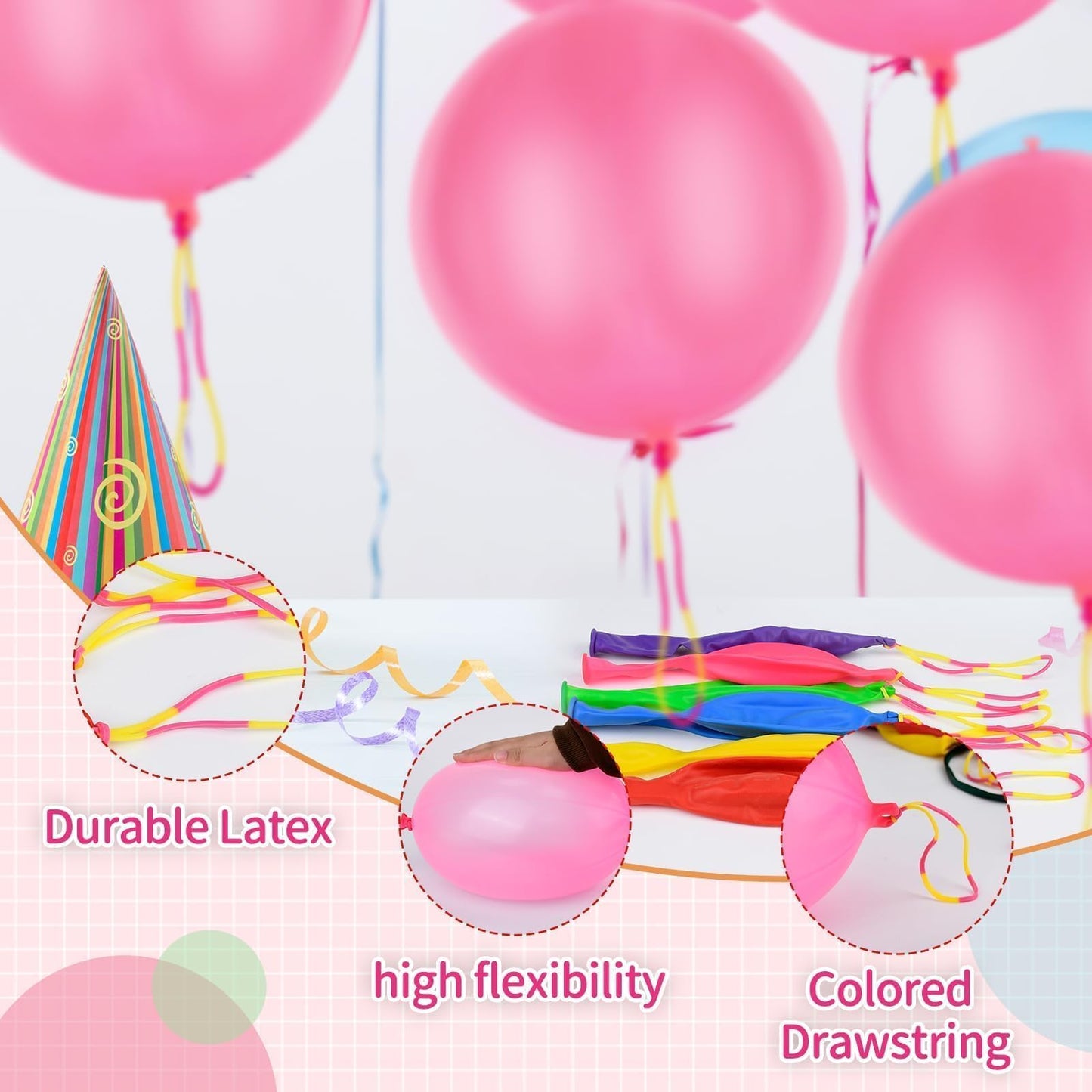 36 Pcs Pink Punch Balloons | with Rubber Band Handle for Easy Grip - Ideal for Kids’ Birthday Party Favors, Classroom & Outdoor Play(Pink)