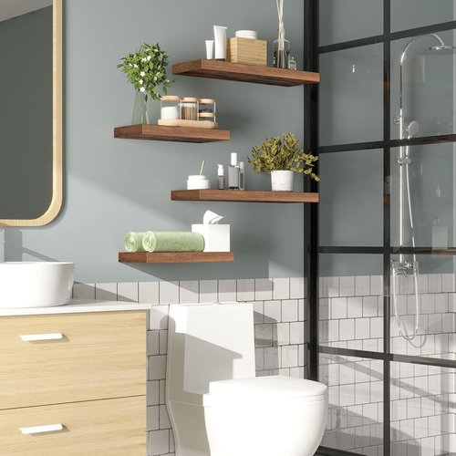 HOOBRO Floating Wall Shelves - Set of 2 Rustic Brown 15.7" Shelves with Invisible Brackets for Home & Office