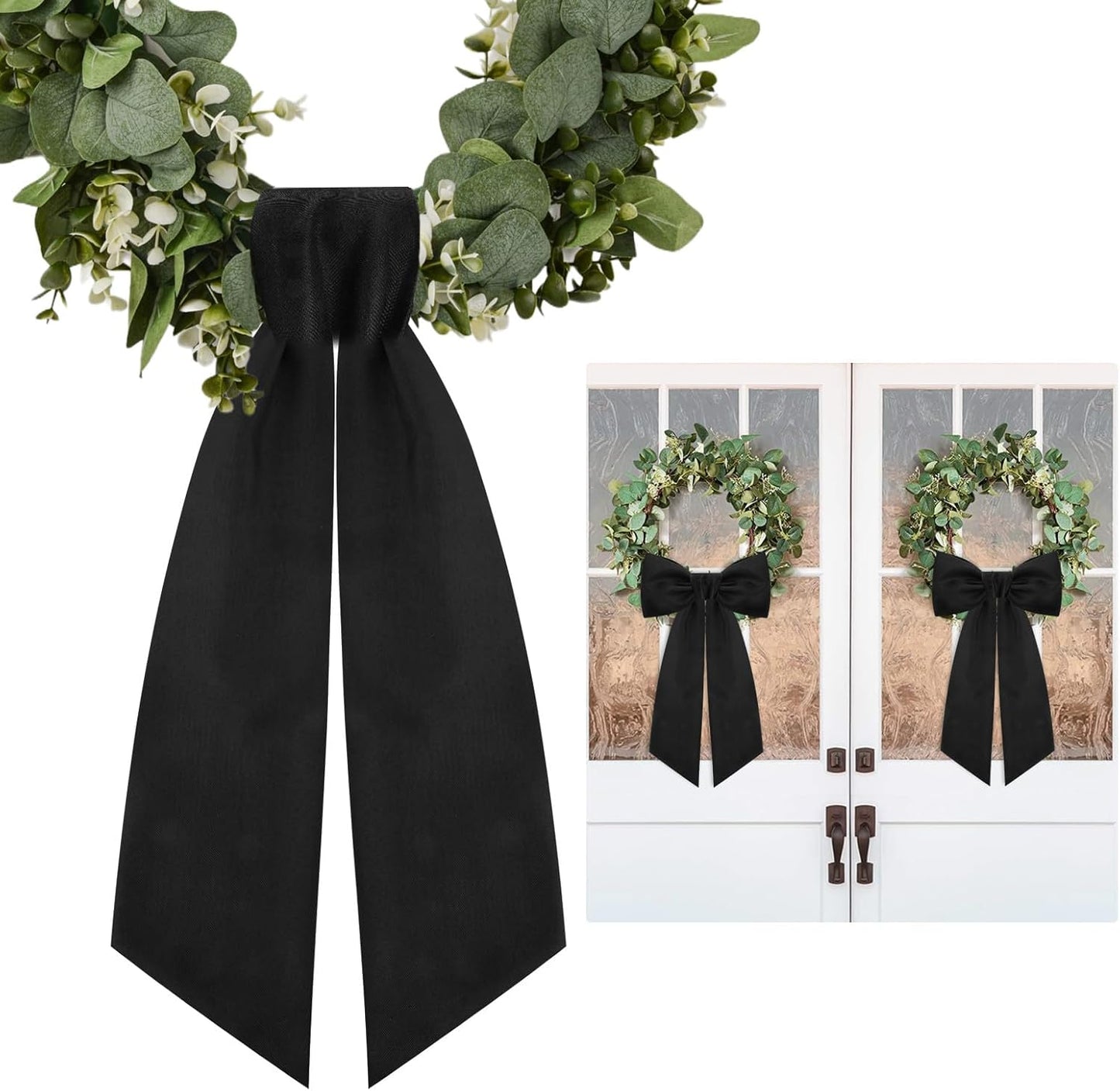 Skiennix Black Wreath Sash - Elegant Linen Ribbon Bow for Front Door & Porch Decor | 2 Pcs