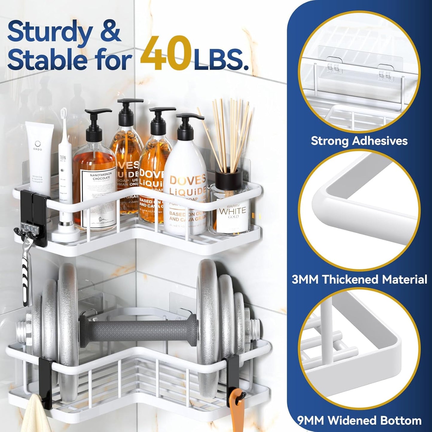 YASONIC Corner Shower Caddy - 5-Pack Rustproof Stainless Steel Organizer with Soap Holder | No-Drill, White