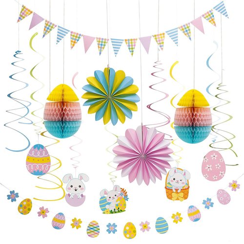 Easter Decorating Kit, 17-Piece Set with Hanging Paper Fans, Swirls, Garland, Banner and Honeycomb Eggs for Holiday Parties, Classrooms and Church Events