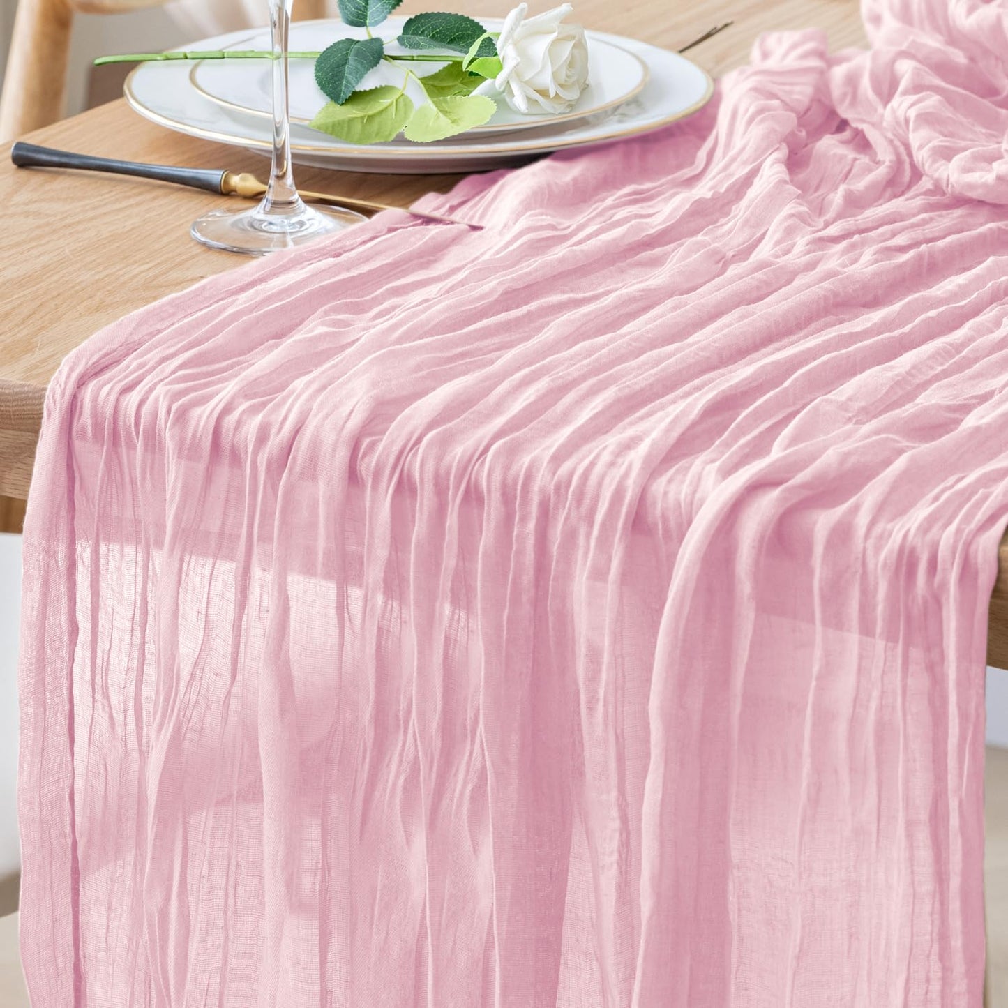 Xiomot Table Runner Pink Cheesecloth Valentine's Day 10FT Blushing Pink Boho Gauze Cheese Cloth Rustic Sheer Table Runners for Summer Wedding Bridal Baby Shower Party Decoration
