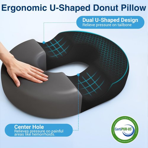 CushZone Donut Pillow Seat Cushion for Postpartum Pregnancy, Large Ergonomic Chair Seat Cushions, Office Chair Cushion, Breathable Hemorrhoid Pillow, Lifting Chair Pads for After Surgery(Black)