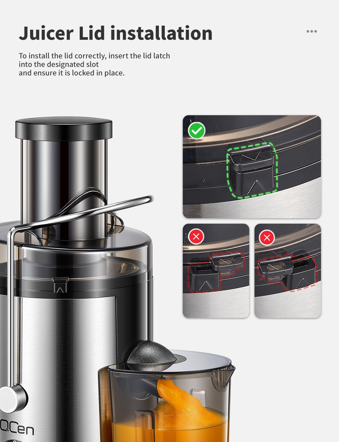 Qcen Juicer Machine - 800W Centrifugal Juicer with 3” Wide Mouth Feed Chute | Easy to Clean, BPA-Free, Black