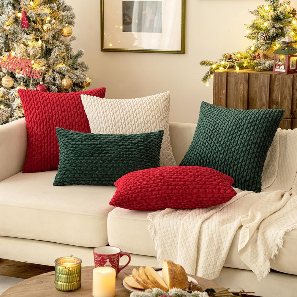 MIULEE Decorative Throw Pillow Covers - Soft Boho Striped Corduroy | 18x18 Inch Cream White Set of 2