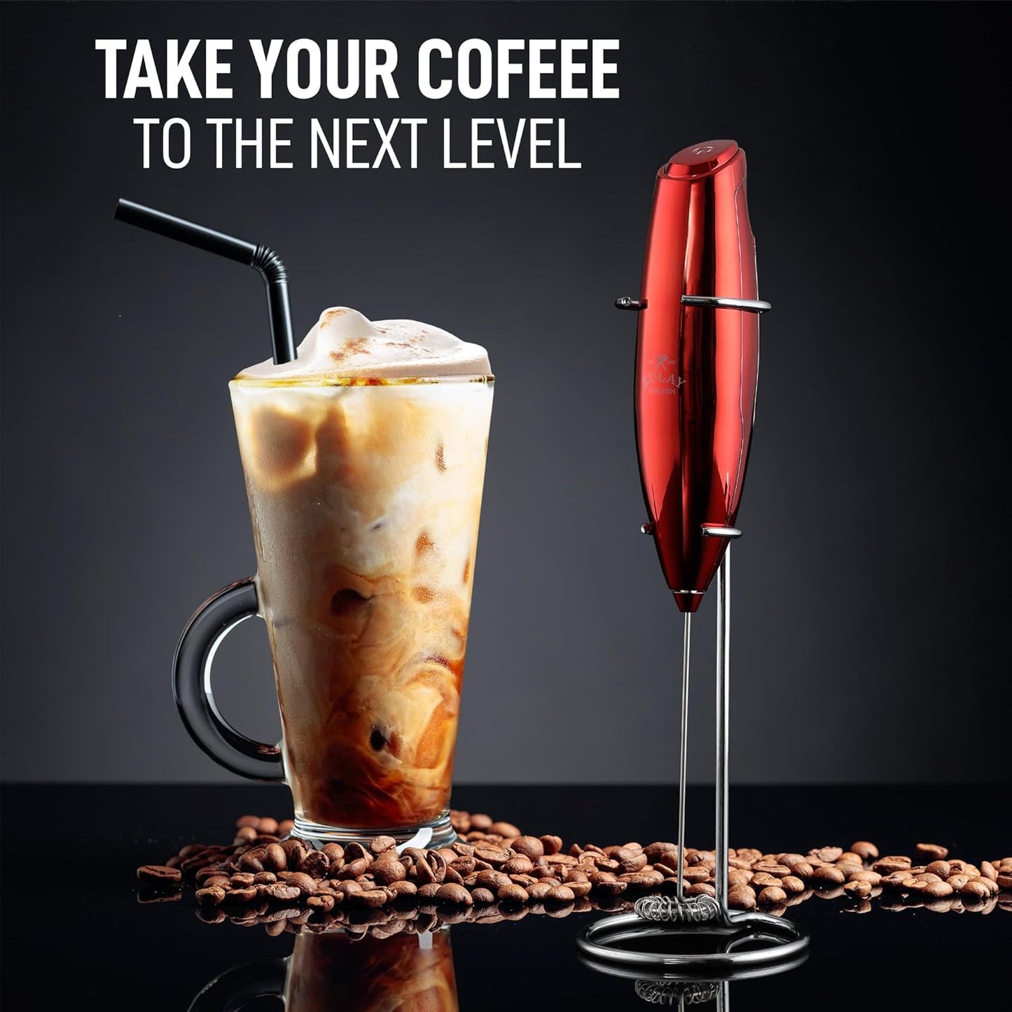 Zulay Kitchen Luxury Milk Frother - Handheld Electric Foam Maker for Coffee & Lattes | Cardinal Red Finish