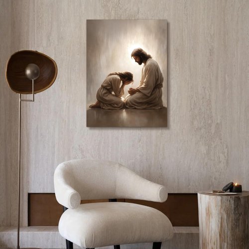 FASWQ Framed Jesus and Woman Wall Art - Christian Canvas Painting for Home Decor | 12x16 Inch