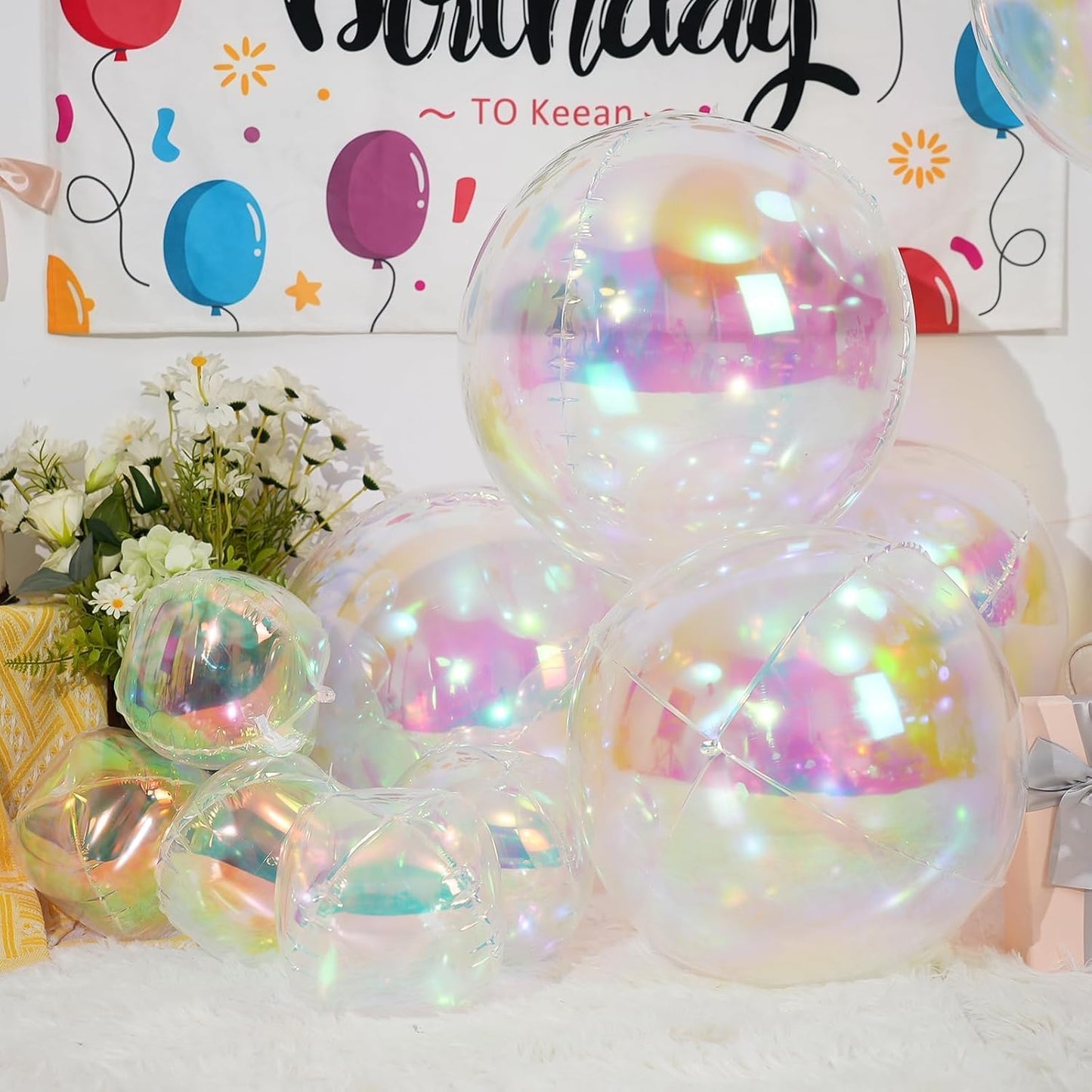Skiennix Iridescent Round Foil Balloons - 12 Pcs Holographic 4D Clear Balloons for Birthday & Mermaid Parties