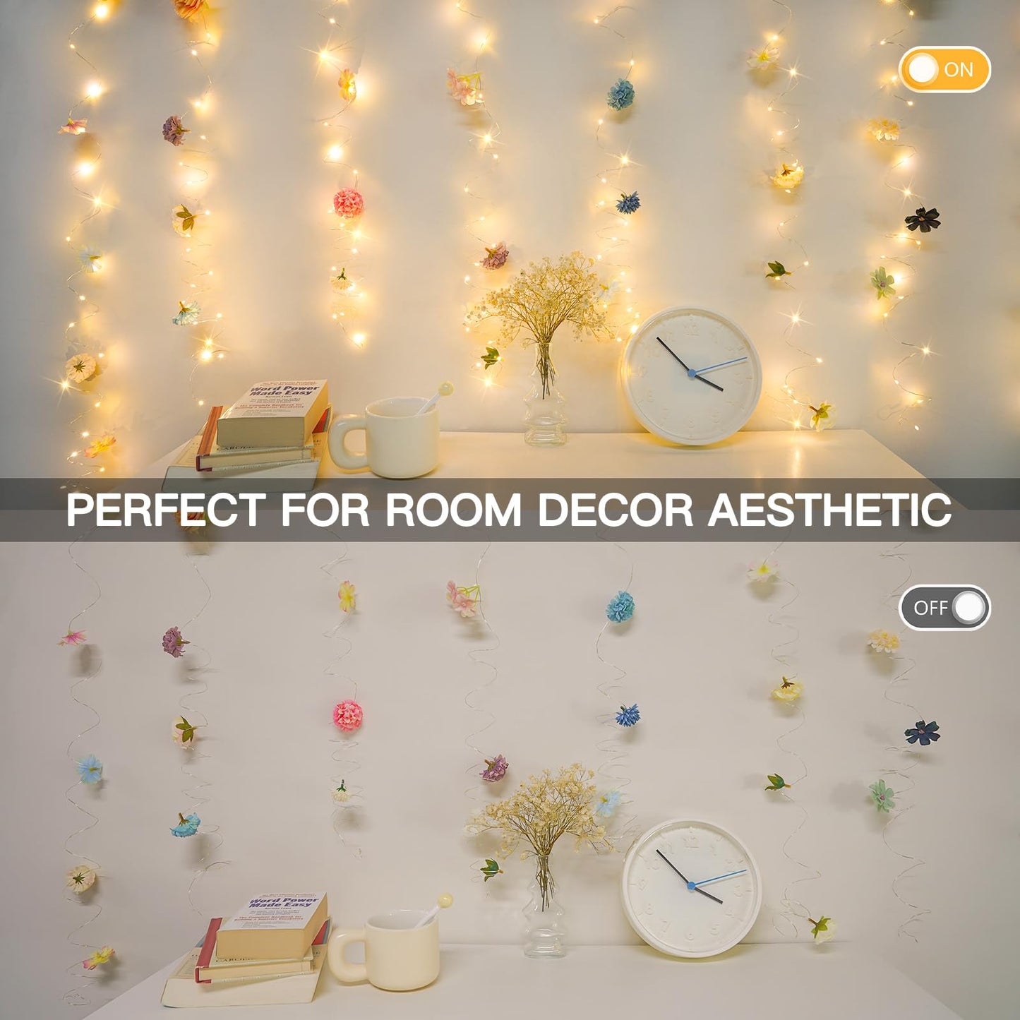 suddus DIY Curtain Lights Kit - 200 LED Fairy String Lights with 3D Butterflies & Silk Flowers, Remote Control 8 Modes USB Powered for Bedroom Wall to Wedding Backdrop (6.5x6.5ft Warm White)