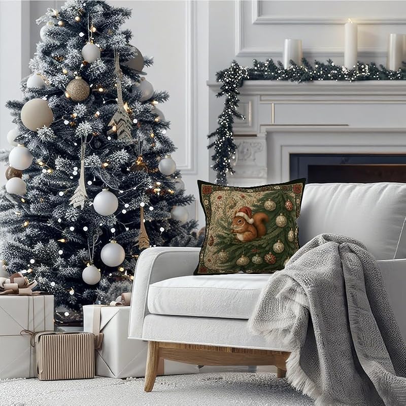 DAYOUER Christmas Tree William Morris Style Squirrel Pillow Cover 18x18 Multicolor