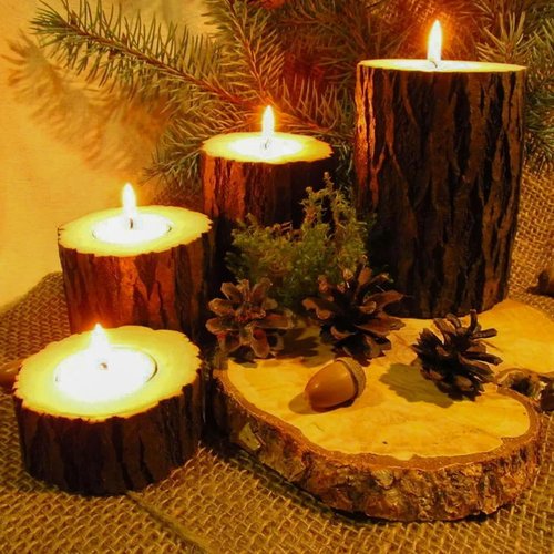 FUNSUEI Wooden Tea Light Candle Holders - Rustic Votive Log Design for Table Decoration | 18 PCS in 3 Sizes
