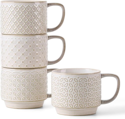 DOWAN 12oz Ceramic Coffee Mugs Set of 4 - Stackable, Microwave Safe with Large Handle for Home & Office