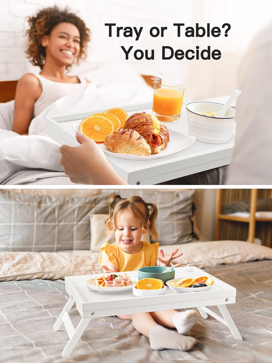 Pipishell Bamboo Bed Tray - Versatile Folding Snack Table for Breakfast & Work | White Finish
