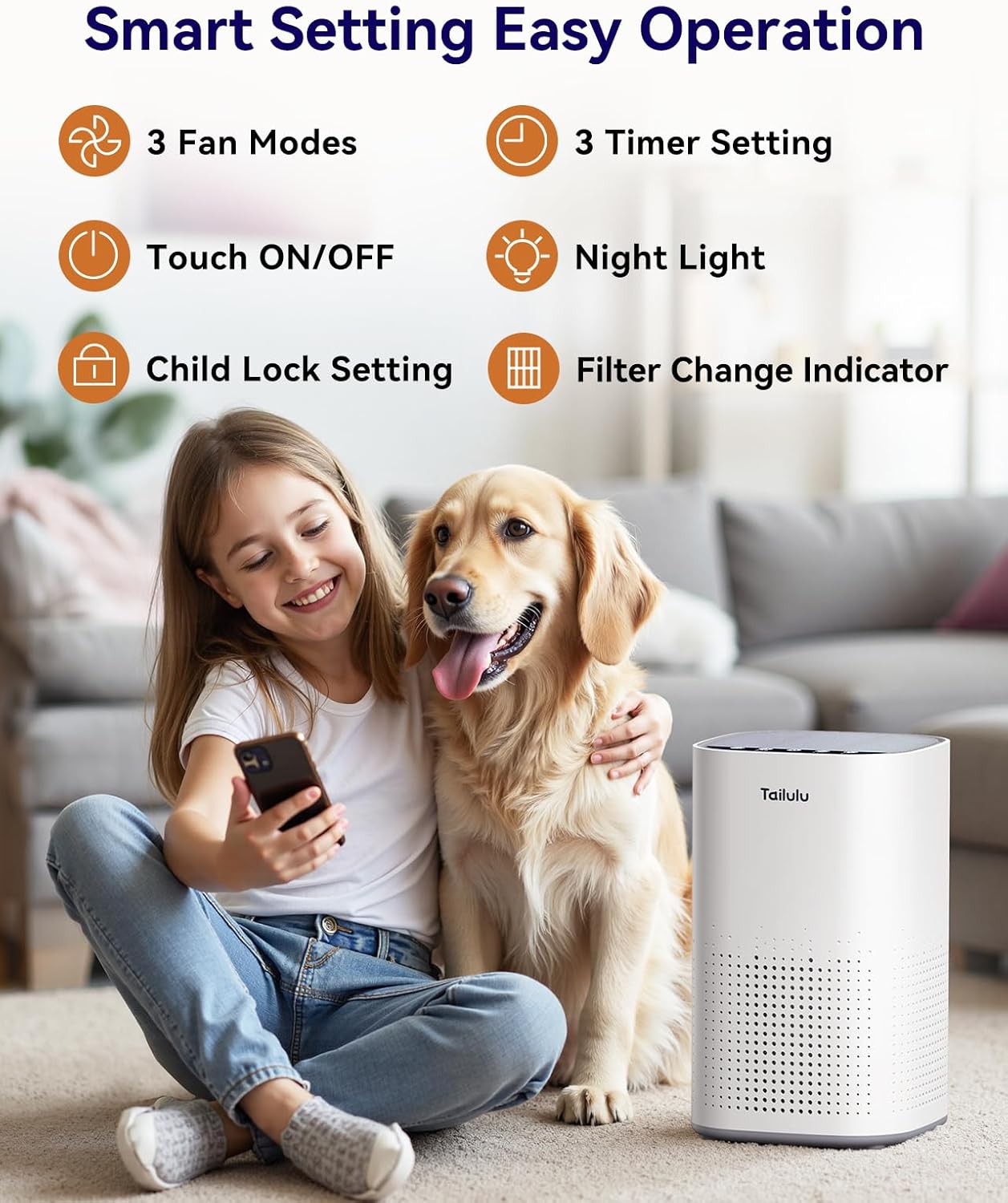 Tailulu H13 True HEPA Air Purifier - Quiet 15dB for Large Rooms up to 1500ft² | Ideal for Pets, Dust & Odors