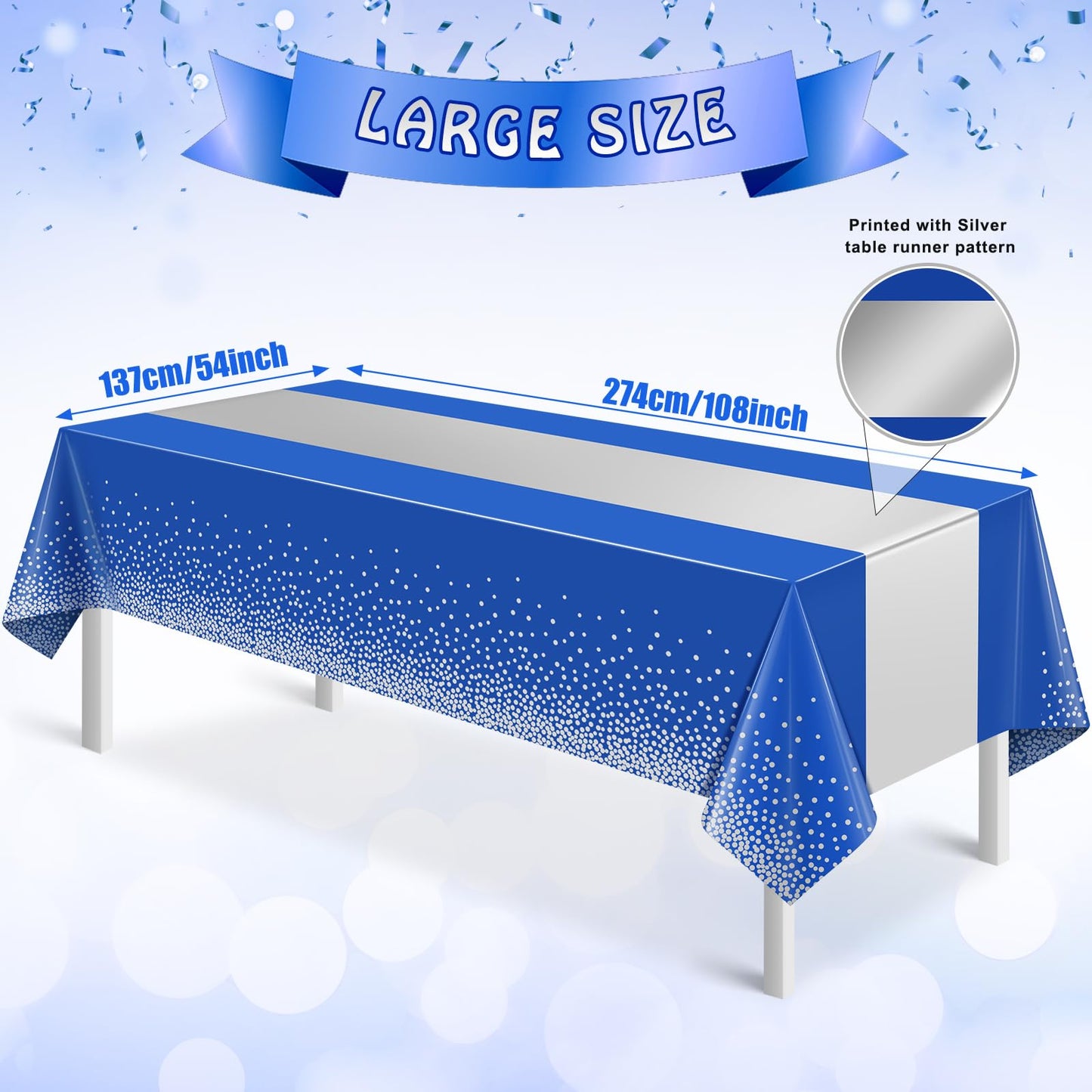 3Pcs Blue and Silver Tablecloth Party Decorations,Plastic Royal Blue Table Cloth Printed Silver Table Runner Disposable Rectangle Tables Cover for Anniversary Wedding Graduation 2025 Party,54x108 Inch