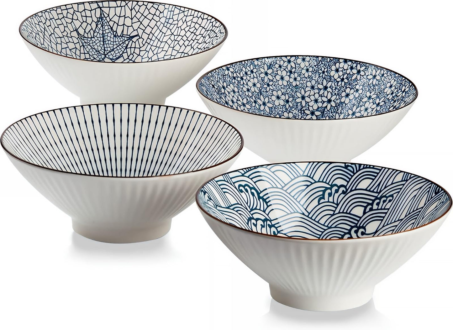 QINLANG 38 oz Japanese Ramen Bowls, Ceramic Set of 4 for Cereal, Soup, Pho, Noodles - Blue and White, 8 Inches