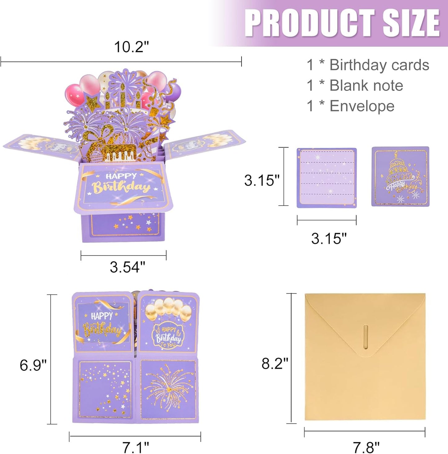 Surprise Pop Up Birthday Cards - Unique 3D Handmade Greeting Card for Adults & Kids | Purple Design
