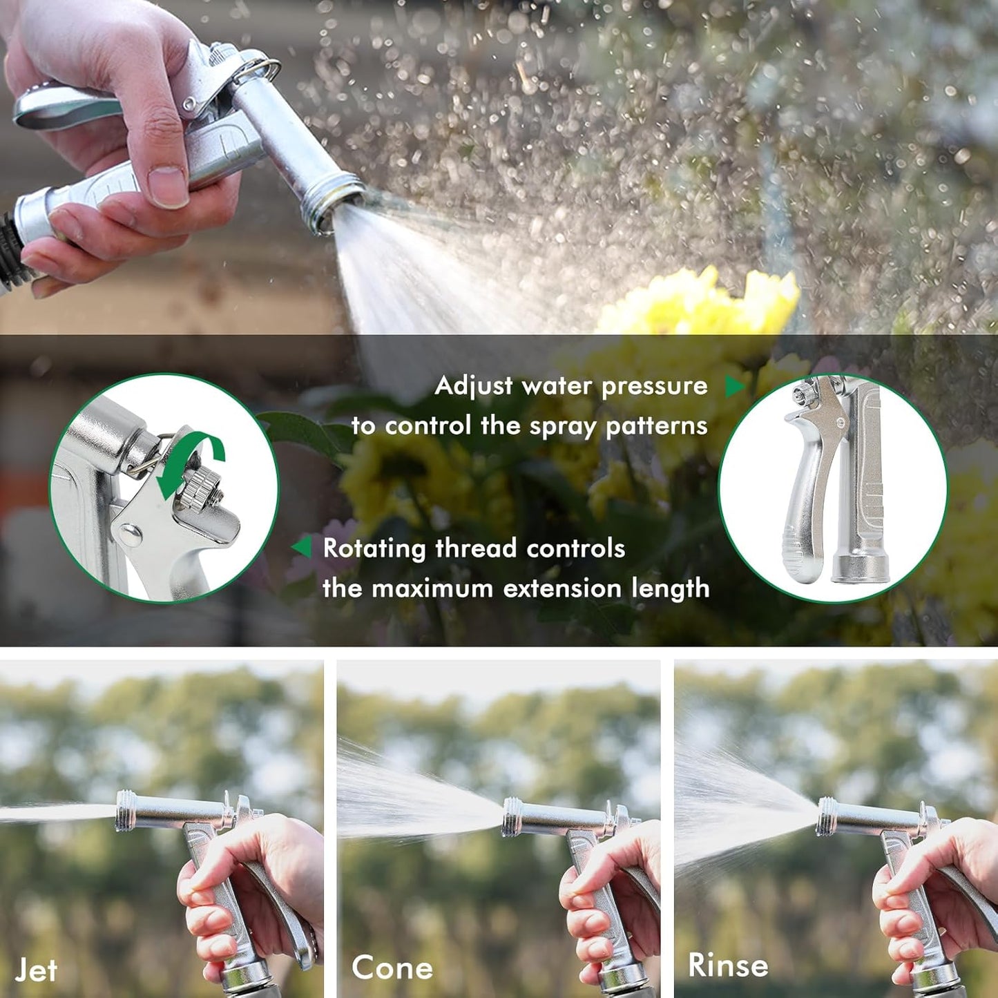 RESTMO 100% Metal Garden Hose Nozzle - Heavy Duty Zinc Alloy, Rust-Proof Chrome Plated, High Pressure Sprayer