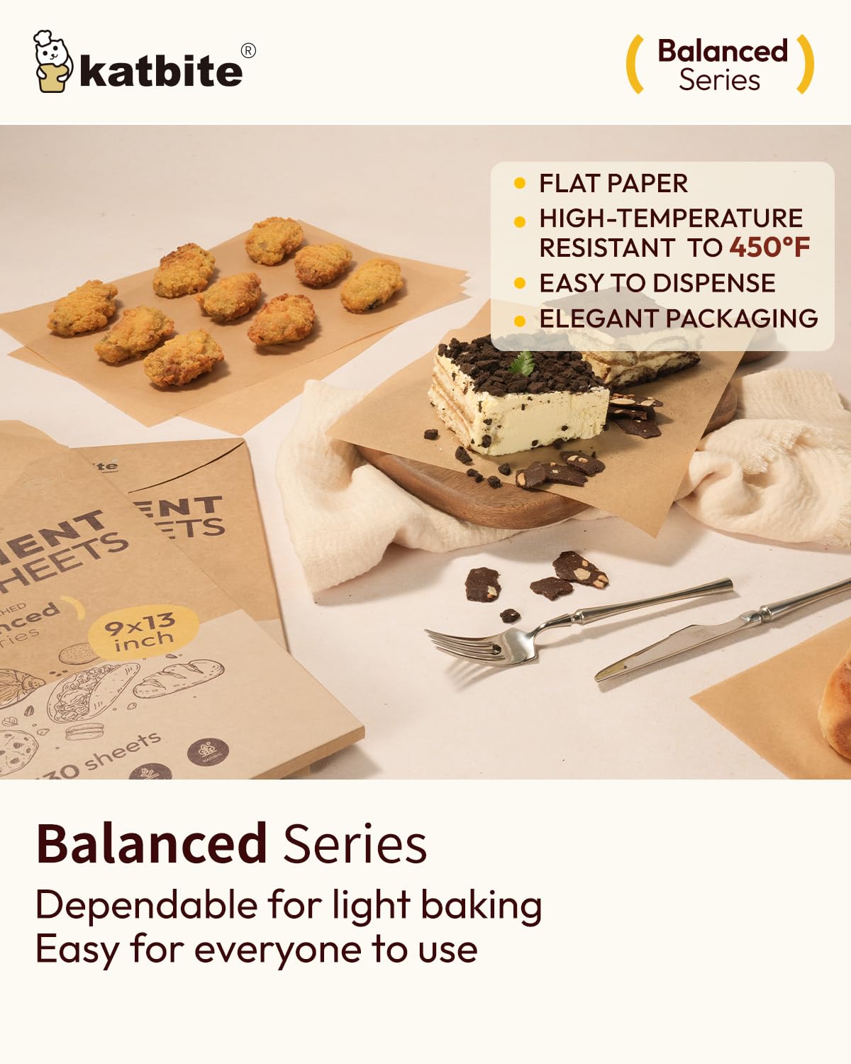 Katbite 130 Pcs Parchment Paper Sheets, 9x13 Inches Unbleached Baking Paper Non-Stick for Gently Baking, Pre-cut Parchment Paper Suitable for Baking, Cooking,Air Fryer [Balanced Series]