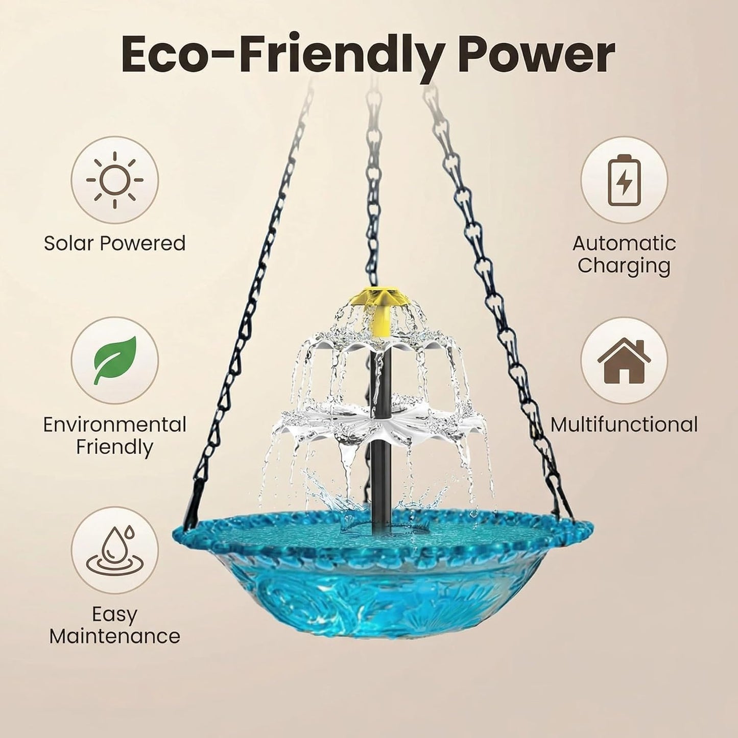 Skiennix Solar Hanging Hummingbird Bath Fountain - Glass Bowl Water Feature for Garden & Patio (Blue)