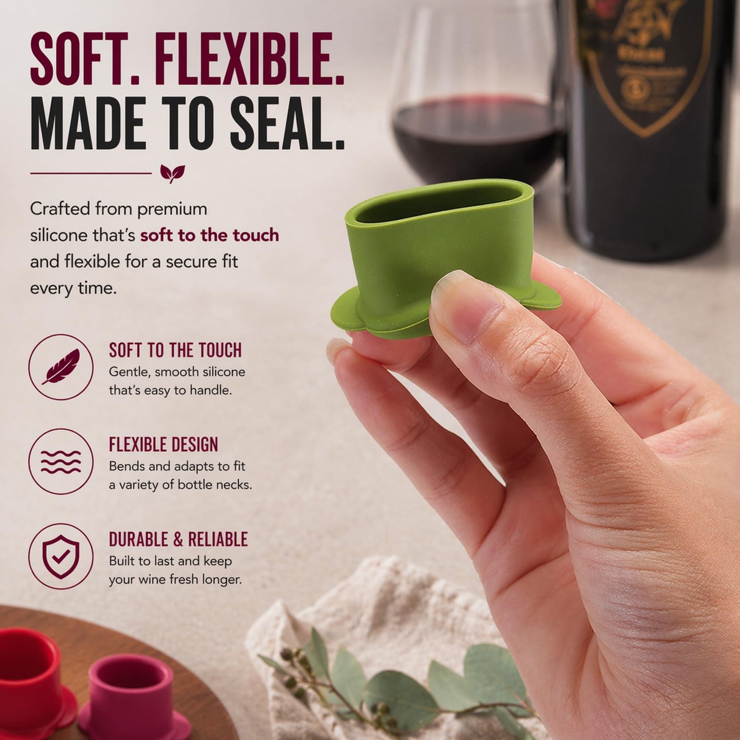 Wine Bottle Caps - Silicone Bottle Covers - Air-Tight Vacuum Seal - Wine Gifts for Women - Set of 4