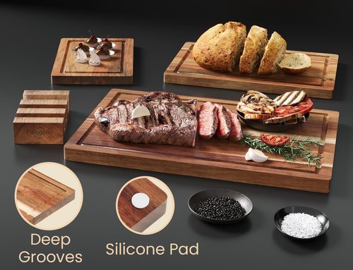 Fibogollo Acacia Wood Cutting Boards Set of 3 - Juice Groove, Serving Board & Holder for Meat, Vegetables, Fruit