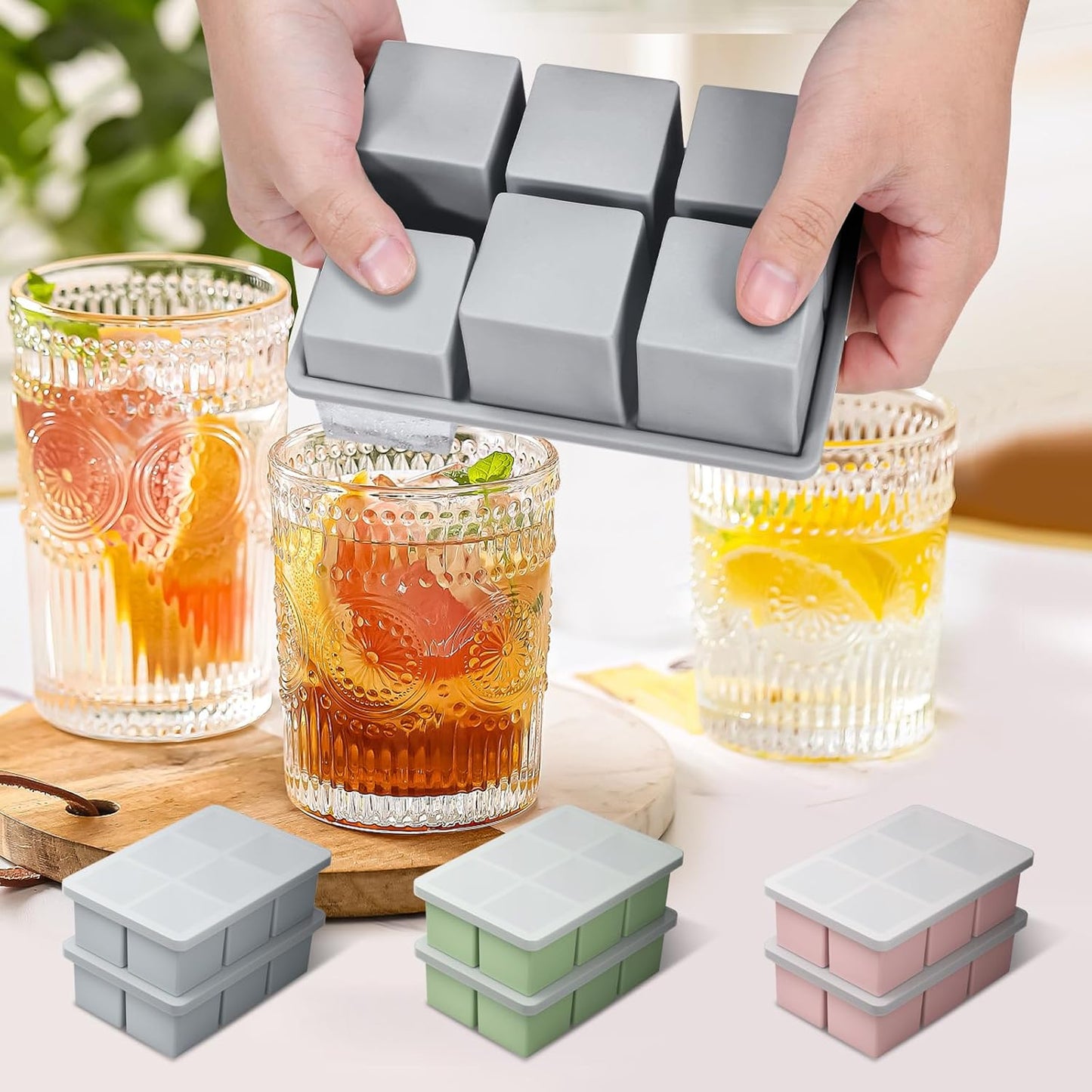 YUNISS Large Ice Cube Trays - 2 Inch Silicone Molds with Lid | Easy Release, Leakproof & Stackable for Whiskey, Cocktails, Coffee - 3 Pack