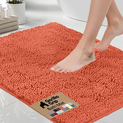 GORILLA GRIP Bath Rug Mat - Thick Soft Absorbent Chenille | Quick Dry Microfiber, 44x26, Coral
