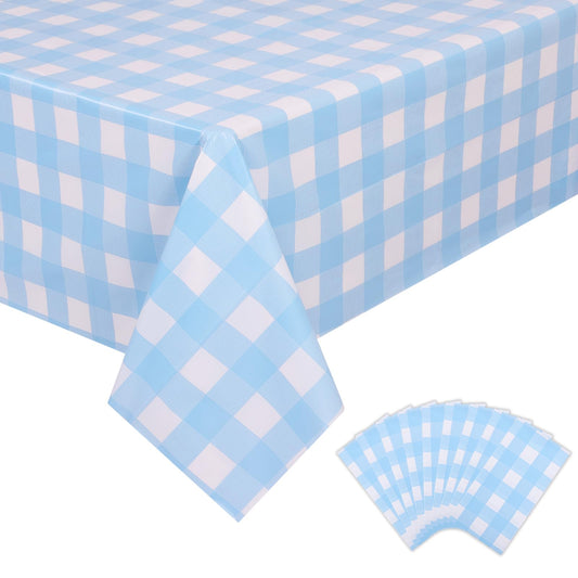 Kesfey 9 Packs Light Blue Gingham Tablecloth Pale Blue and White Checkered Tablecloths 54 x 108 Inches Disposable Plastic Gingham Tablecovers Waterproof Rectangle Picnic Table Cover for Birthday Party