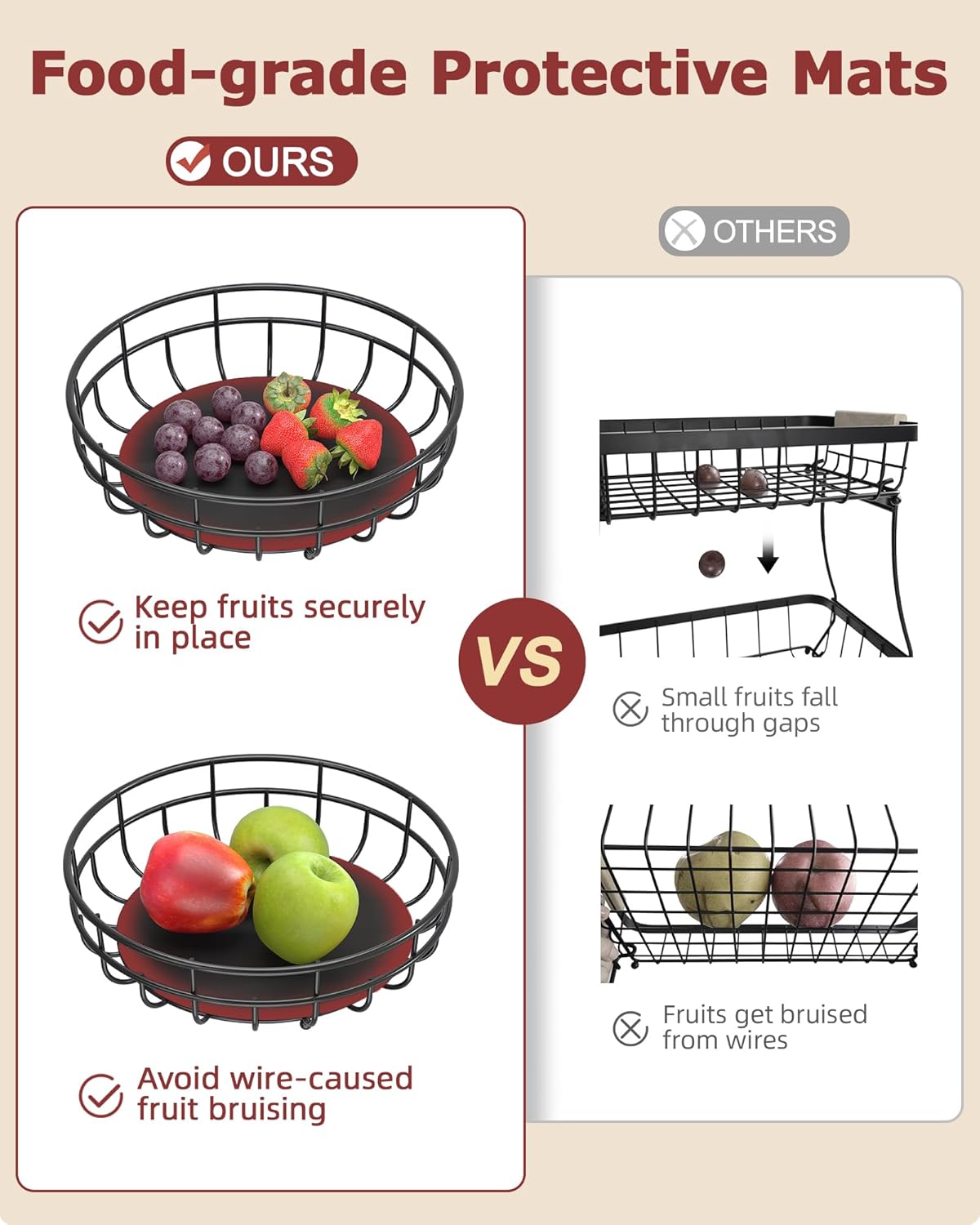 Sevenblue 2-Tier Large Fruit Basket - Sturdy Iron Kitchen Counter Bowl with Removable Banana Hanger | Black