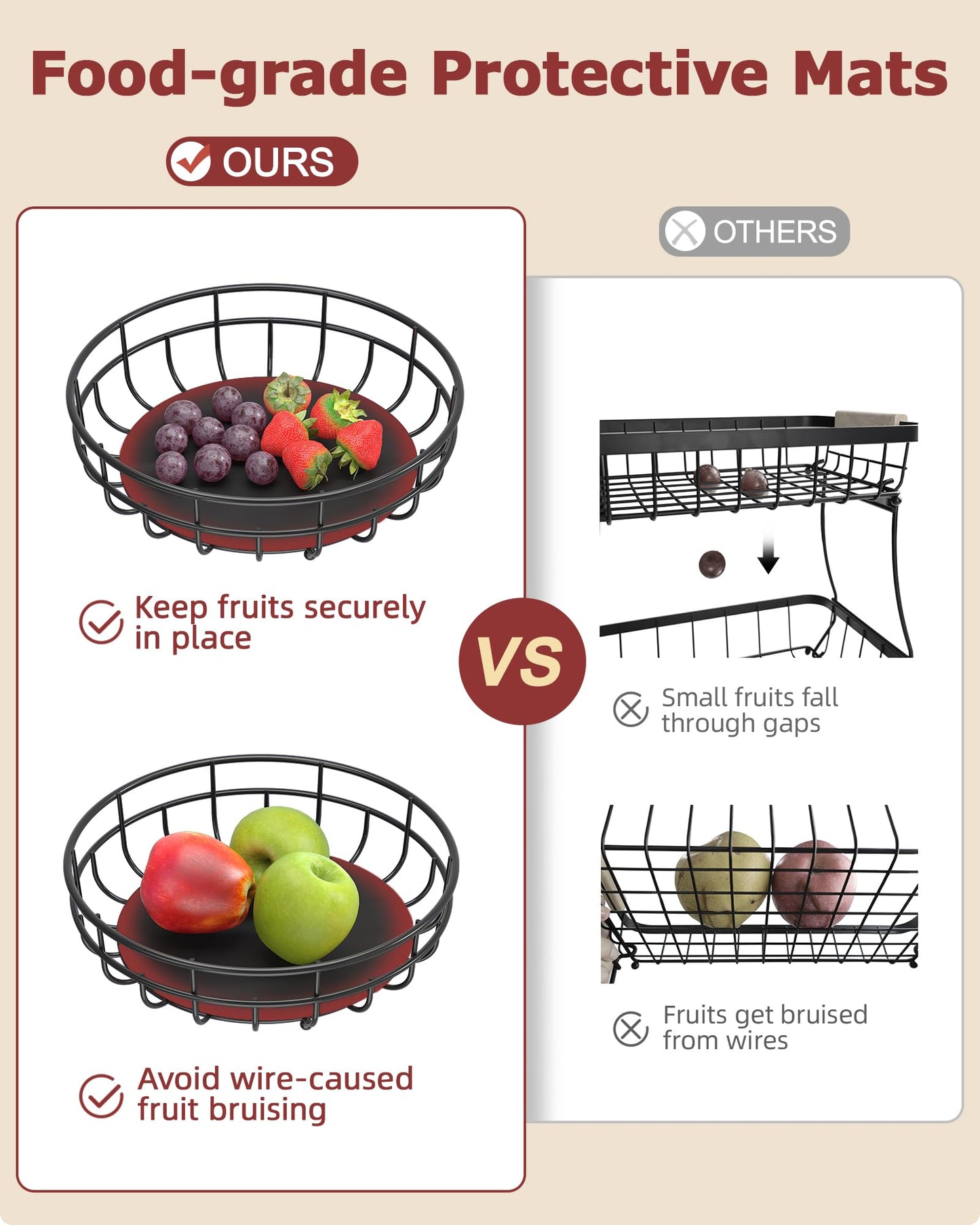 Sevenblue 2 Tier Large Fruit Basket for Kitchen Counter with Removable Banana Hanger - Sturdy Iron Fruit Bowl for Kitchen Counter and Vegetable Holder, Fruit Holder for Kitchen Countertop, Black